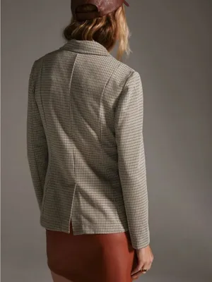 Maeve Anthropologie Collegiate‎ Knit Blazer Asymmetrical Check Brown Small NWT thumbnail 11