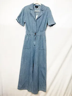 Vici Quiet Luxury Lightweight Chambray Denim Jumpsuit Coveralls Boiler Suit Blue thumbnail 3
