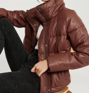 Abercrombie & Fitch Vegan Leather Mini Puffer Coat - Size Large - Cognac thumbnail 1