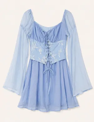 Light Blue Corset Mini Dress XS Floral Embroidered Lace Bell Sleeve Cottagecore thumbnail 1