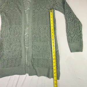 Pink Rose Sage Green Open Knit Longline Cardigan Duster with Pockets thumbnail 4