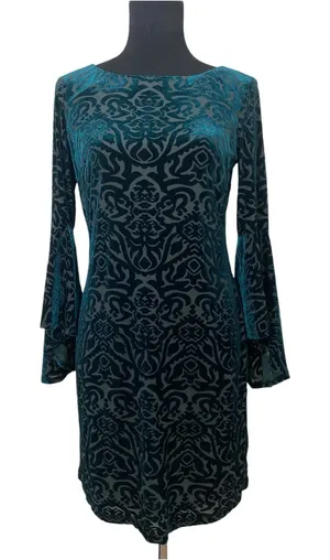 Eliza J Green Patterned Velvet Burnout Cascade Bell Sleeve Shift Dress thumbnail 1