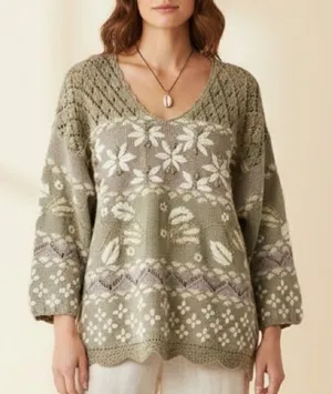 Vintage 90s Tan Floral Embroider Knit Gold poms Cottagecore Grandmacore Sweater thumbnail 1