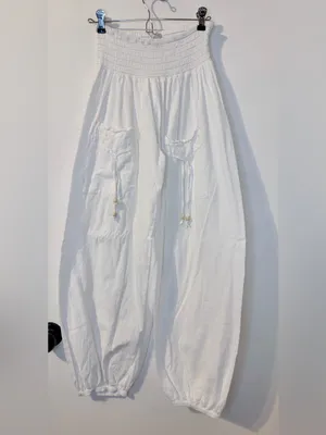 Blanco by Nature White Harem Balloon Pants L Smocked Boho Peru thumbnail 2