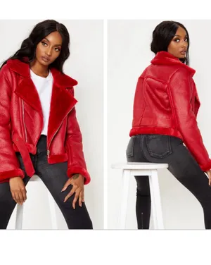 Pretty Little Thing Red Leather Fur Coat thumbnail 2