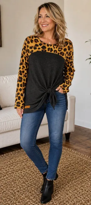 Simply Southern Leopard Print Colorblock Tie Front Long Sleeve Top Women's L thumbnail 1