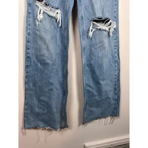 Zara Straight Leg Jeans Women Size 4 Blue Distressed Grunge Raw Hem High Rise thumbnail 2