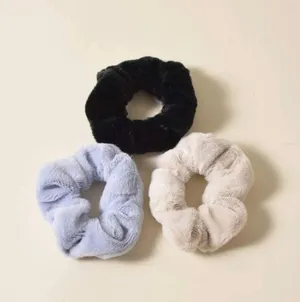 NEW. 3 Pc Soft Fleece Scrunchie Set In Gray, Black & Beige thumbnail 2
