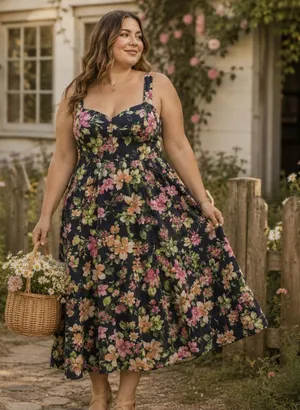 Old Navy Linen Blend Floral Midi Dress Sz L Cottagecore Milkmaid Coastal Navy thumbnail 1