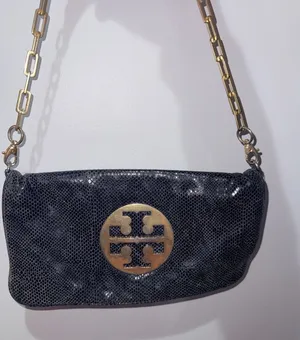 Tory Burch Reva Clutch Blue Leather‎ Snakeskin Print Chain Handbag Bag L thumbnail 1