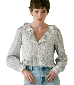 SEZANE Women’s Alexiana Blouse Blue Floral Print Quilted Long Sleeve thumbnail 1