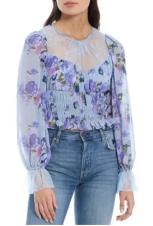 Free People Daphne Floral-print Smocked Top blouse blue purple sz L thumbnail 1