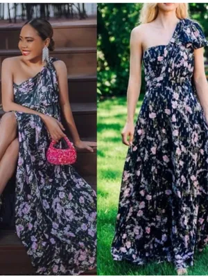 Shoshanna Navy One-Shoulder Floral Maxi Dress with Pink Blooms thumbnail 2