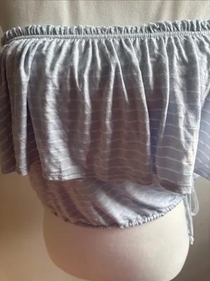 Abercrombie & Fitch Light Blue and White Striped Off-Shoulder Ruffle Crop Top thumbnail 2