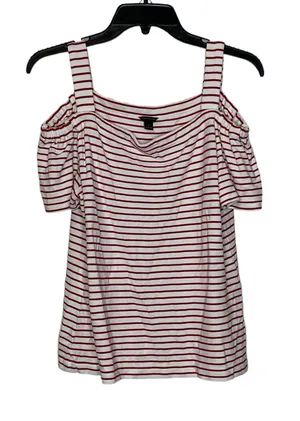 Ann Taylor Cold Shoulder T-Shirt Top Size Medium White With‎ Red Stripes Stretch thumbnail 1