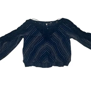 Free People Women's Navy Striped Blouse V-Neck Balloon Sleeve S thumbnail 2