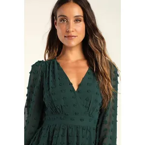 Lulus Always on Repeat Emerald Green Clip Dot Long Sleeve Mini Dress Large NWT thumbnail 3