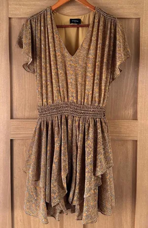Storia Brown Floral Ruffle Mini Dress Butterfly Sleeves Women’s size Medium thumbnail 1