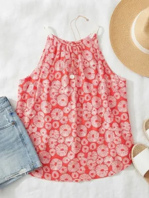 LOFT Red White Floral Sunburst Halter Neck Tie Back Blouse Top‎ NWT M thumbnail 1
