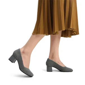 Burudani Flower Gray Knit Block Heel Pumps - Sleek Everyday Dress Shoes thumbnail 1