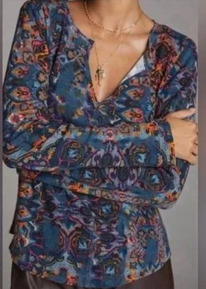 Anthropologie Pilcro Boho Paisley Thermal Top M Split Neck Waffle Whimsigoth New thumbnail 1