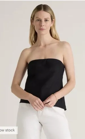 Quince Womens European Linen Strapless Top Smocked Back Pull On Black Size L thumbnail 1