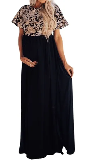 Stevie Hender Formal Line Maxi Formal Dress Black Color Gold Lace Size L. I#89 thumbnail 1