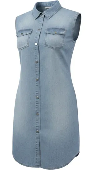 Sleeveless Light Wash Chambray‎ Denim Shirt Dress Snap Front Collared Blue Large thumbnail 1