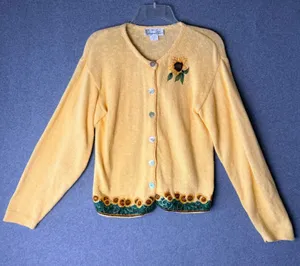 VTG Judy Myers Designer Times Yellow Sunflower Cardigan Sweater Women's‎ LG USA thumbnail 1