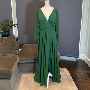 Women’s Green Chiffon Full Length Long Sleeve Dress Corset Back Leg Slit Size 12 thumbnail 8