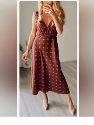 ZARA Brown & Red Polka Dot Sleeveless Midi Slinky Satin Slip Dress Size Small thumbnail 2