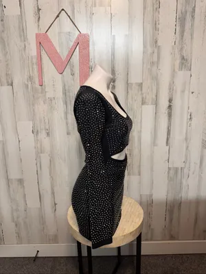 HOT & DELICIOUS Black Rhinestone Cutout Long Sleeve Mini Dress Womens Medium thumbnail 6