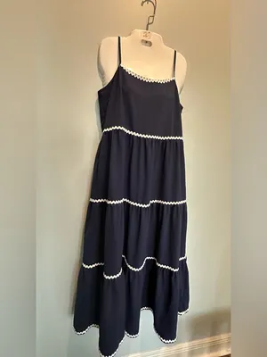 BTFBM Tiered Midi Dress Navy/ White Rick Rack Trim adjustable straps size Small thumbnail 4