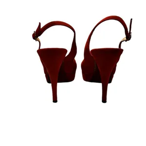 Burgundy Red Pleated Suede Peep Toe Platform Slingback Pumps 8M thumbnail 4