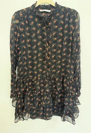 Zara Black Floral Ruffled Long-Sleeve dress Size Medium thumbnail 1