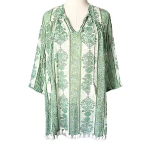 Roller Rabbit Tasseled Abstract Caftan Cover Up Dress Green White Floral Small thumbnail 2