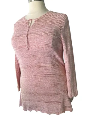 Denim & Company Light Pink Knit Tie-Neck Pointelle Sweater Size Large thumbnail 3