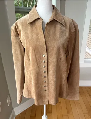Vintage 90s Y2K Coldwater Creek Suede Fitted Button-Front Jacket in Camel Tan L thumbnail 1
