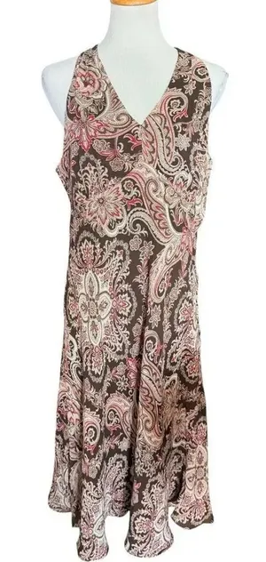Womens Ann Taylor Brown Paisley and Flower Sleeveles V Neck Silk Midi Dress - 16 thumbnail 1