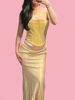 almond muse rosalind baby yellow/gold satin maxi dress with corset top thumbnail 3