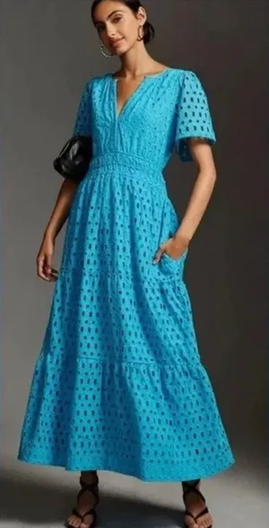 NWT Anthropologie The somerset‎ Maxi Dress: Eyelet Edition Blue Size XS thumbnail 1