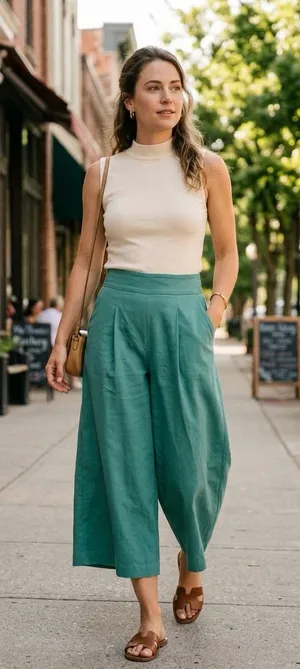 Club Monaco Linen Blend High Rise Wide Leg Crop Culottes Green 2. thumbnail 1