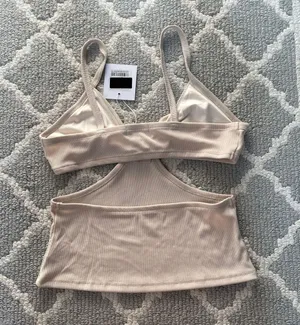 Adika NWT new tan ribbed knit cut out sweetheart tank top thumbnail 6
