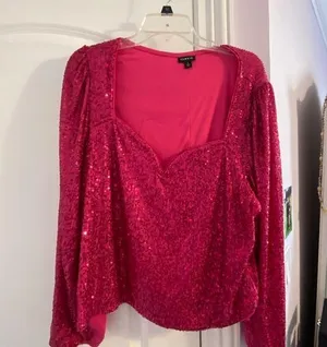 Long sleeve pink sequence, heart neckline shirt thumbnail 1
