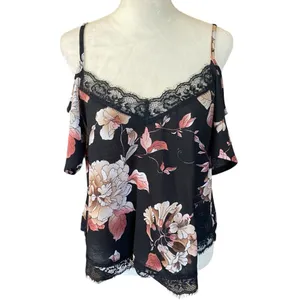 Free Press Clothing black pink floral off the shoulder short sleeve crop top M thumbnail 5