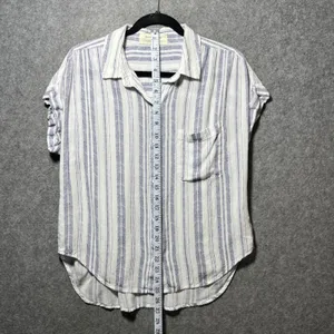 Cloth & Stone Blue White Striped Rayon‎ Button Down Shirt Cuffed Short Sleeve M thumbnail 4
