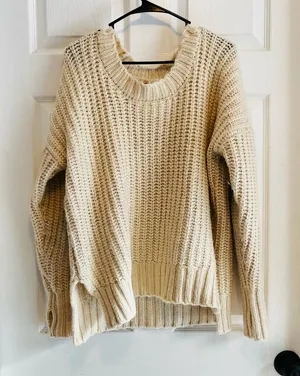 Aerie Cream Chunky Knit Crew Neck Sweater XS Oversized thumbnail 1