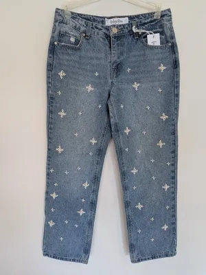 NWT Pearl Beaded Star Embellished Straight Leg Denim Jeans Sz 9 Medium Wash thumbnail 10
