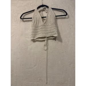 Romwe Crochet Halter Top Cream Boho Knit Lace Up Back Crop Top XS‎ thumbnail 2