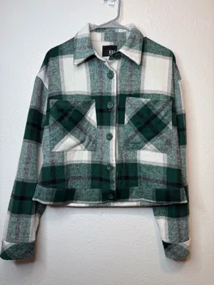 Kut from the Kloth Luciana Green Plaid Cropped Shirt Jacket Shacket Size M thumbnail 1